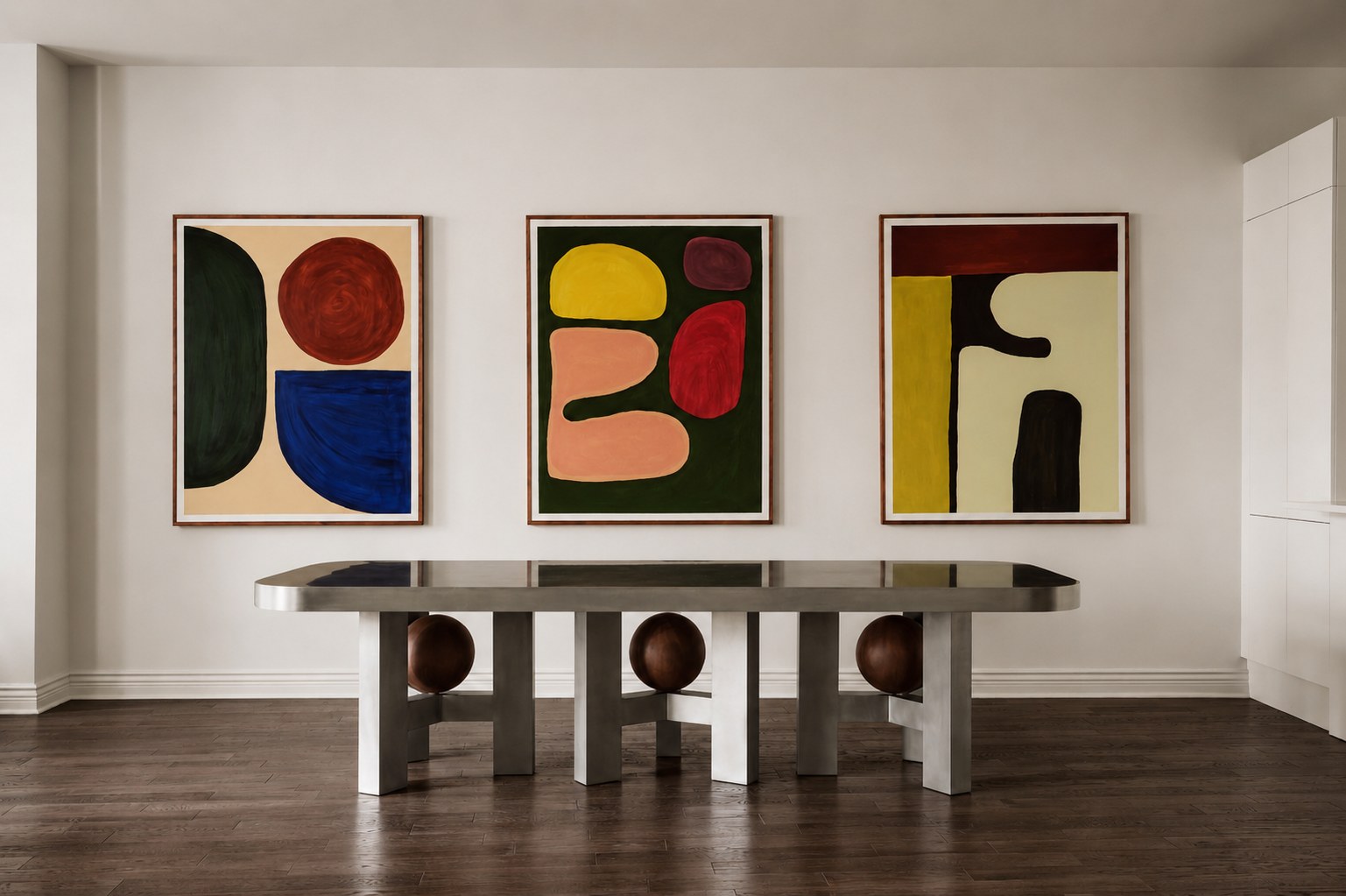 Cristofaro custom dining table with sculptural wooden orbs