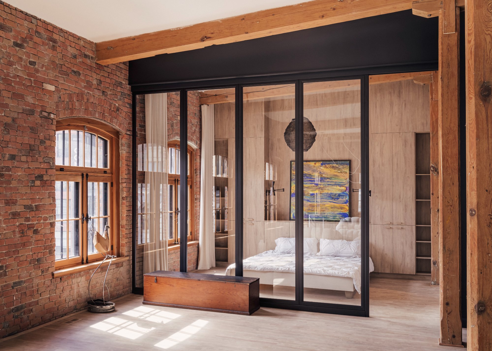 Wellington Loft — Steel-framed glass bedroom partition